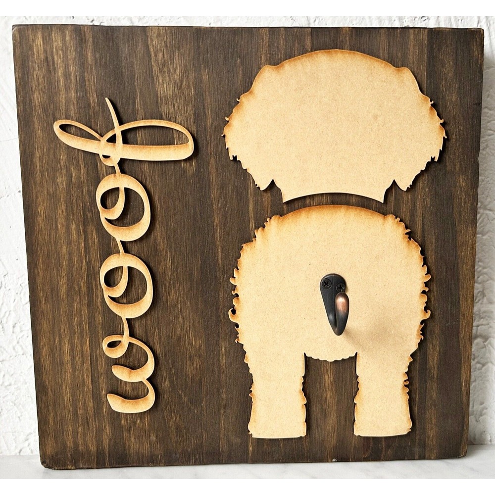Woof Dog Silhouette Wood Wall Plaque/Sign with Hook Leash & Collar Holder Cute!